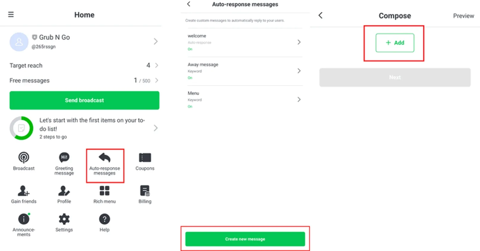 Bước 2 thiết lập trả lời tự động LINE