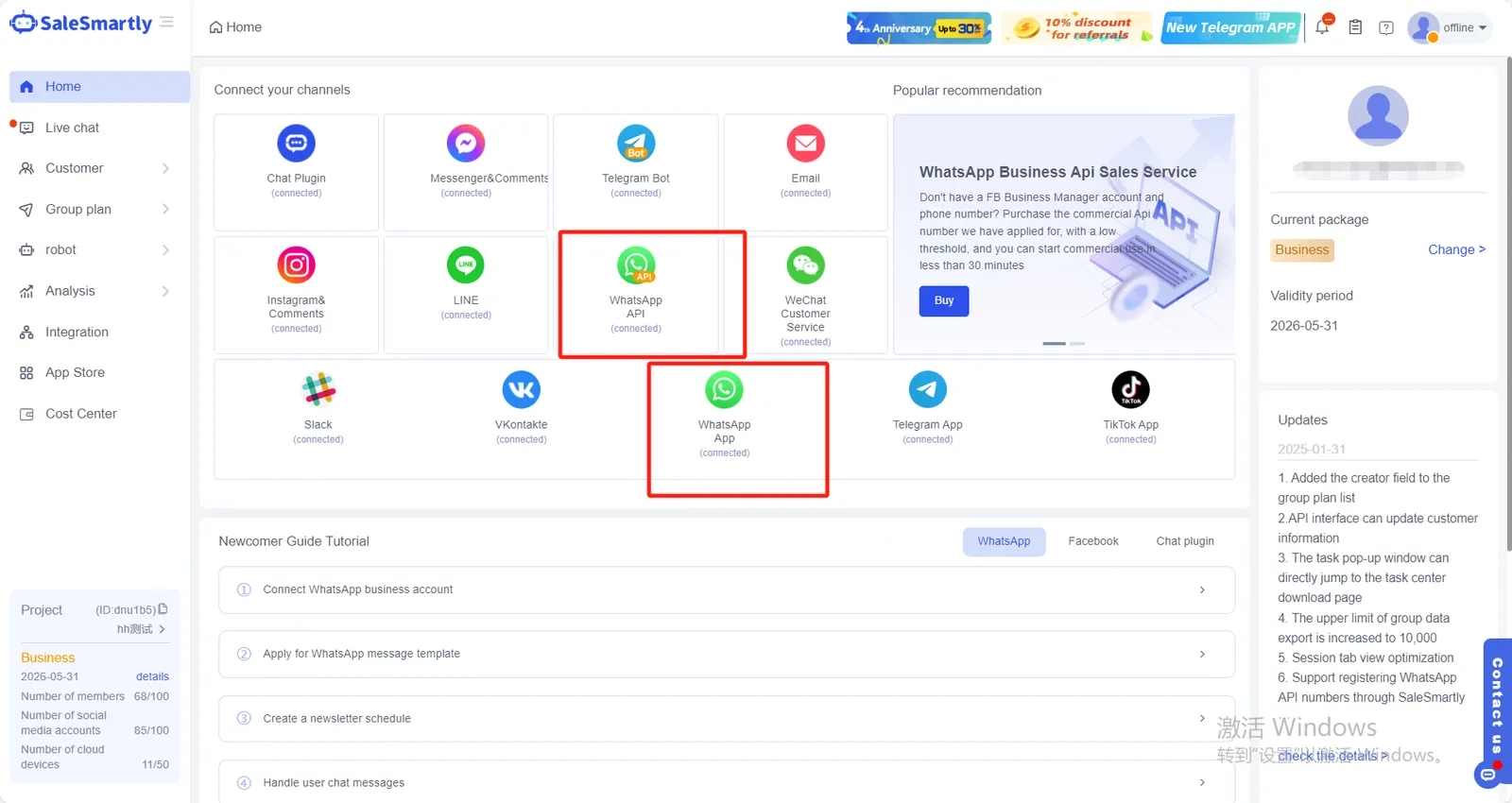 Bạn có thể truy cập tài khoản WhatsApp App và tài khoản WhatsApp Api